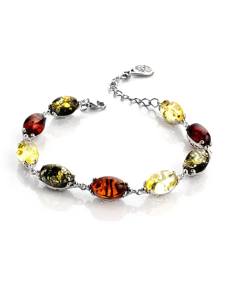 картинка Яркий браслет из янтаря разных цветов в серебре «Касабланка» в онлайн магазине