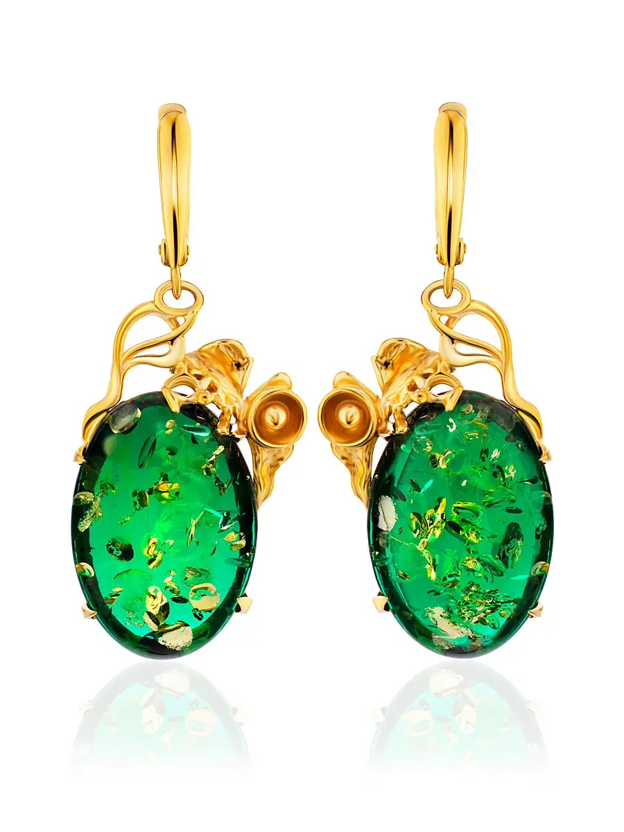 картинка Нарядные серьги из золочёного серебра и ярко-зелёного янтаря «Версаль» в онлайн магазине