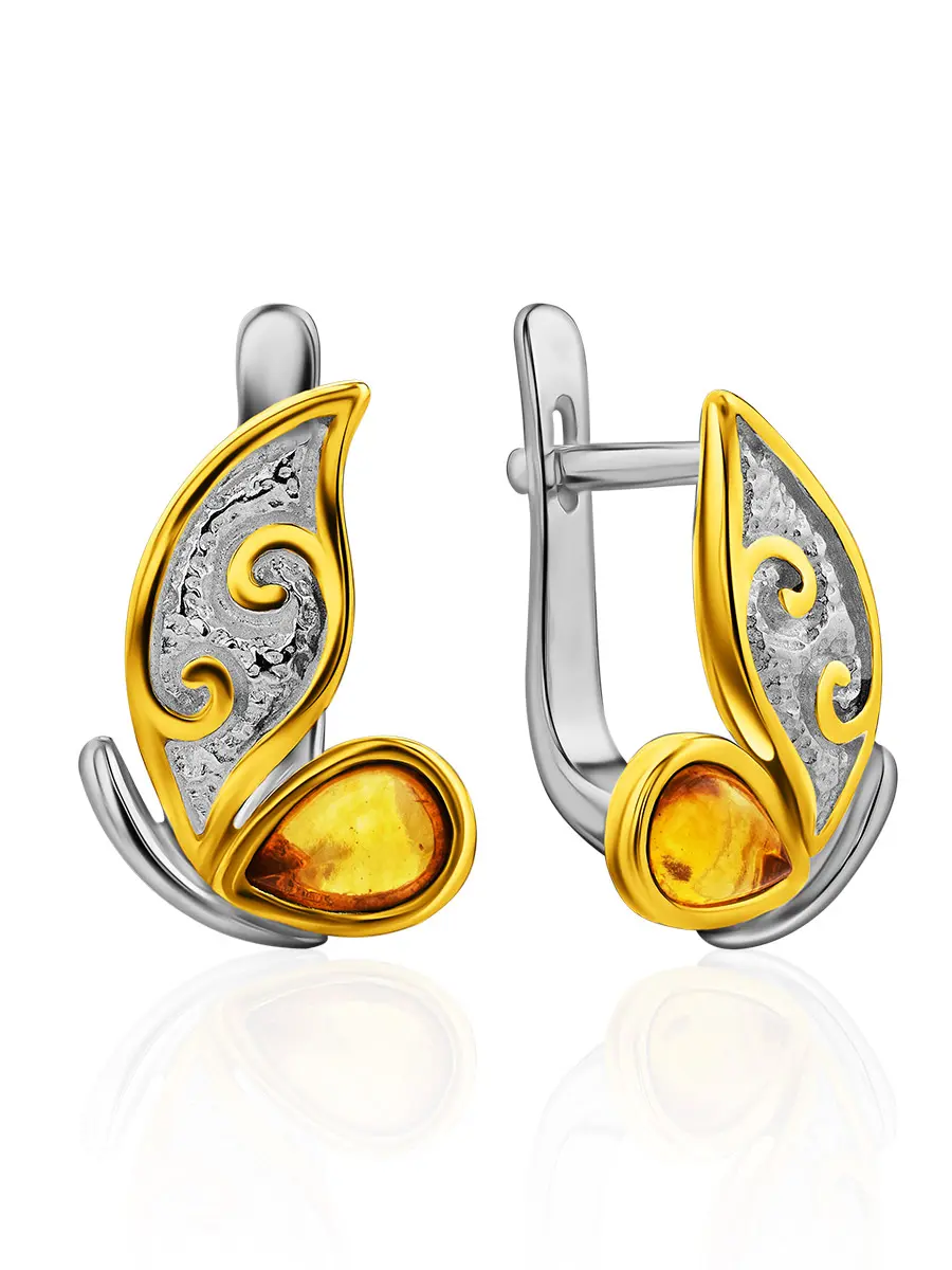 картинка Нежные романтичные серьги из серебра с позолотой и янтаря «Апрель» в онлайн магазине