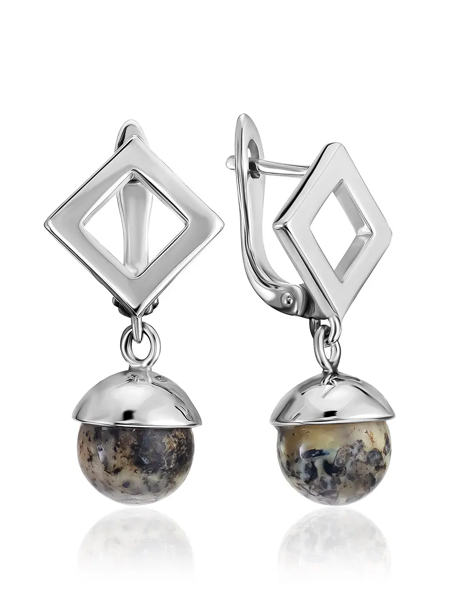 картинка Стильные серьги-подвески с натуральным текстурным янтарём «Метеорит» в онлайн магазине