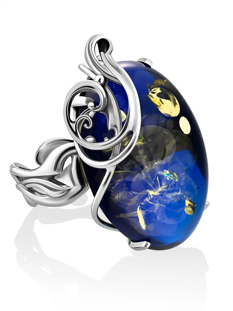 картинка Роскошный объёмный перстень из серебра и синего янтаря «Версаль» в онлайн магазине