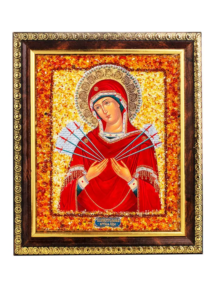 картинка Икона Божией Матери «Умягчение злых сердец» (Семистрельная) с натуральным янтарём в онлайн магазине