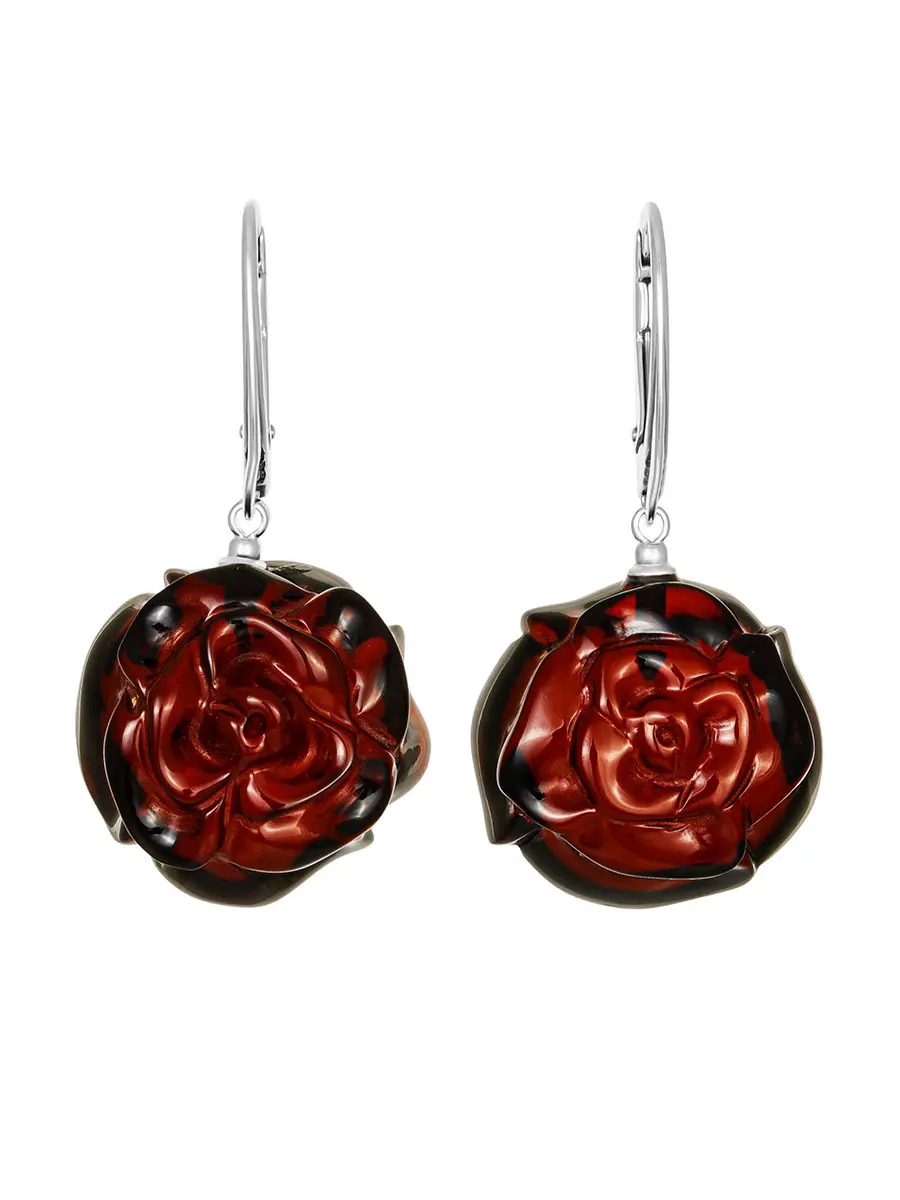 картинка Нарядные серьги из натурального балтийского янтаря «Вишнёвая роза» в онлайн магазине