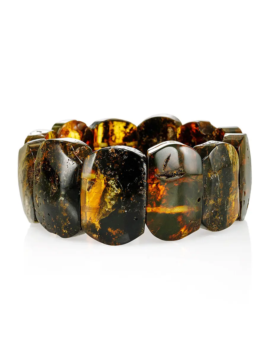 картинка Эффектный яркий браслет из натурального цельного янтаря с инклюзами «Помпеи» в онлайн магазине