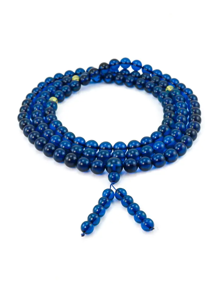 картинка Длинные крупные четки из колумбийского янтаря на 108 бусин-шаров насыщенного синего цвета в онлайн магазине