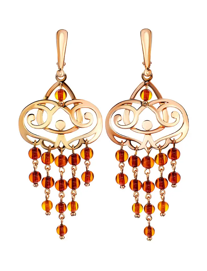 картинка Яркие серьги в позолоте, украшенные вишнёвым янтарём «Кармелита» в онлайн магазине