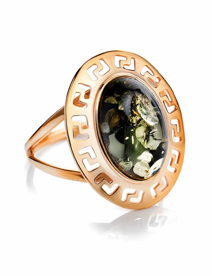 картинка Кольцо из золота и натурального искрящегося зелёного янтаря «Эллада» в онлайн магазине