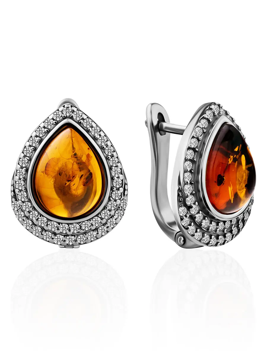 картинка Серебряные серьги-капельки «Ренессанс» с натуральным янтарём и кристаллами в онлайн магазине
