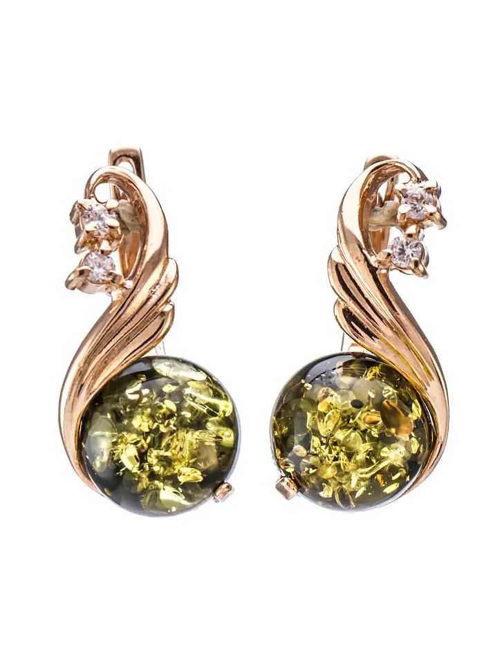 картинка Великолепные золотые серьги с натуральным зелёным янтарём и цирконитами «Лебедь» в онлайн магазине
