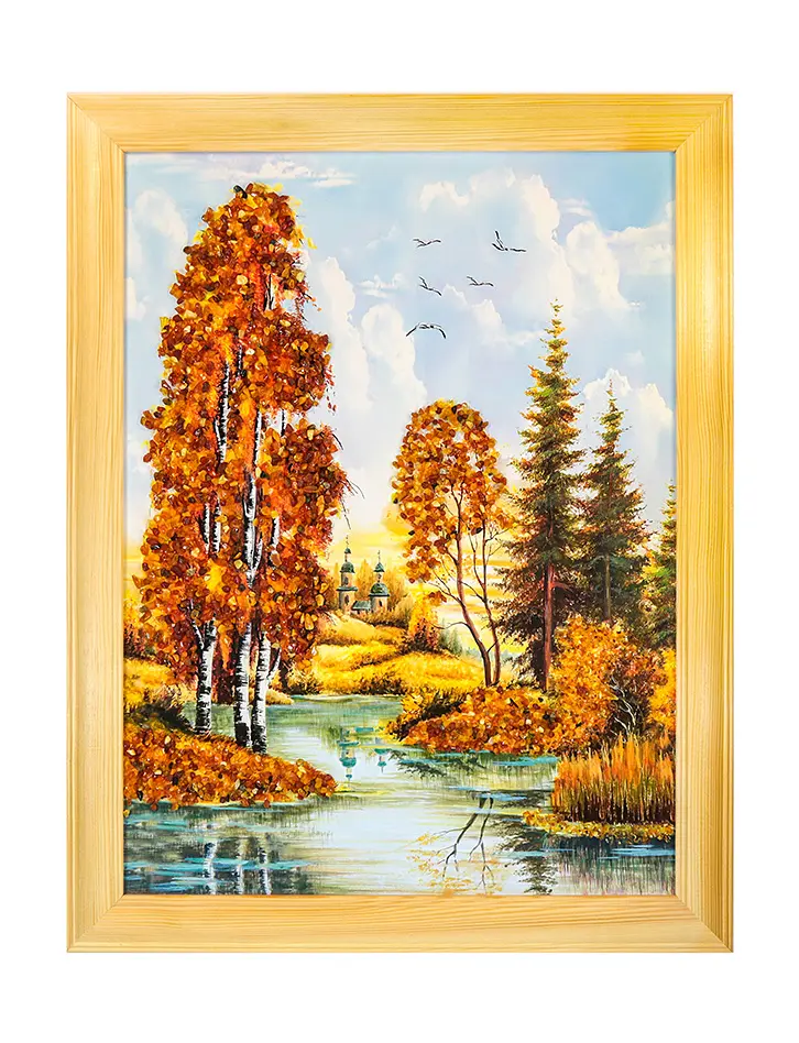 картинка Вертикальное панно с натуральным янтарем «Пейзаж с церквушкой» в онлайн магазине