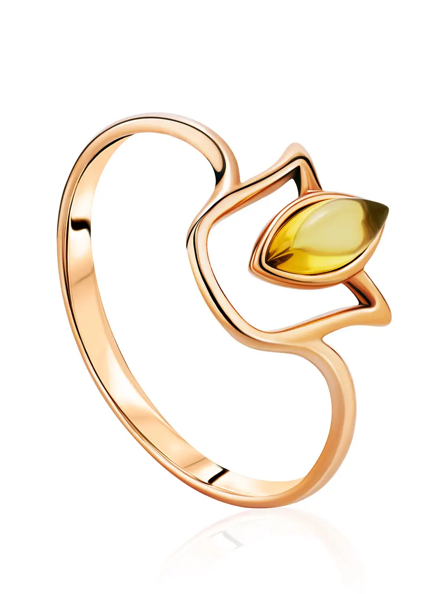 картинка Яркое позолоченное кольцо с лимонным янтарём «Тюльпан» в онлайн магазине