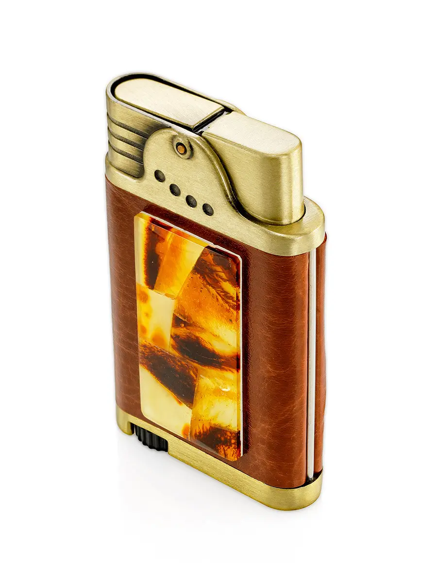 картинка Газовая зажигалка в корпусе, обтянутом кожей с мозаикой из натурального балтийского янтаря в онлайн магазине