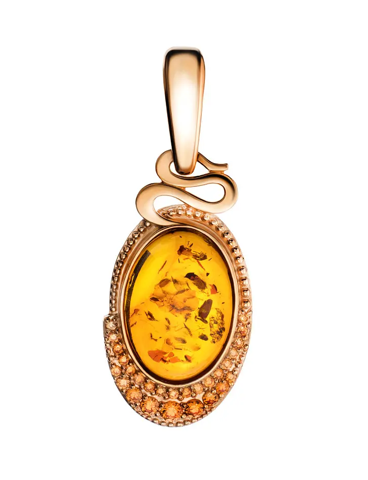 картинка Красивый золотой кулон с фианитами и натуральным янтарём коньячного цвета «Ренессанс» в онлайн магазине