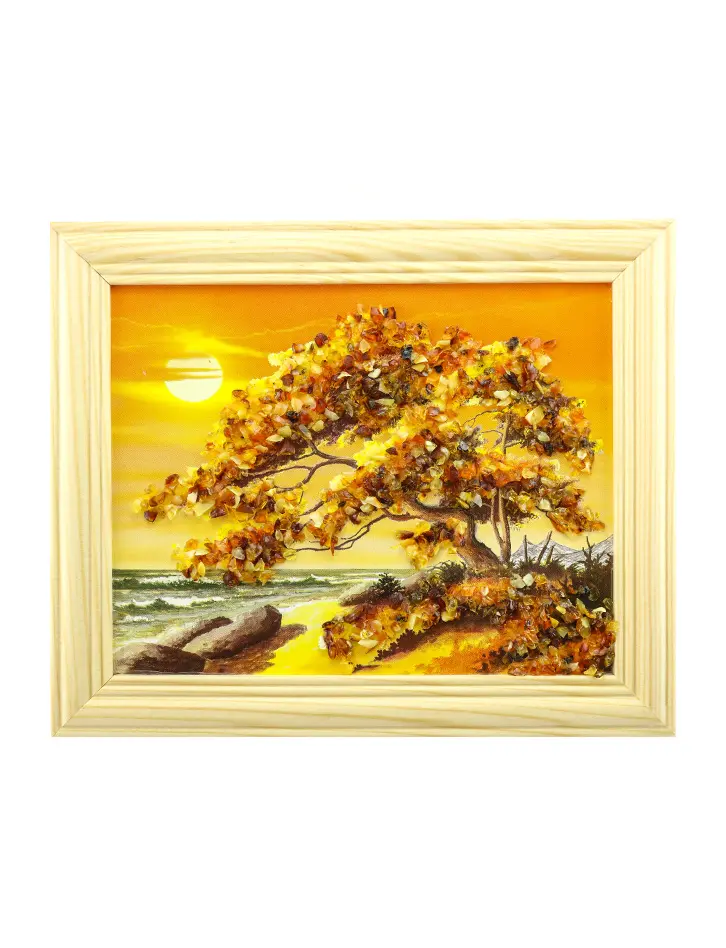 картинка Небольшое горизонтальное панно, украшенное натуральным янтарем «Закатные лучи» в онлайн магазине