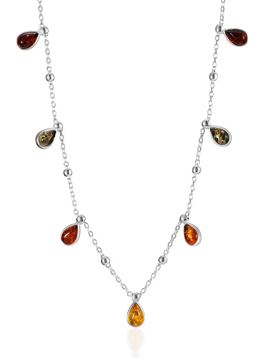 картинка Нежное изящное колье с янтарными подвесками разных оттенков «Фиори» в онлайн магазине