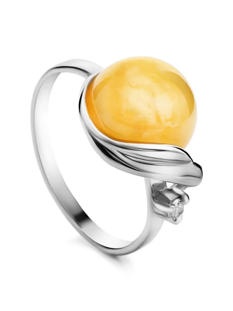 картинка Нежное кольцо «Лебедь» с натуральным медовым янтарём в онлайн магазине