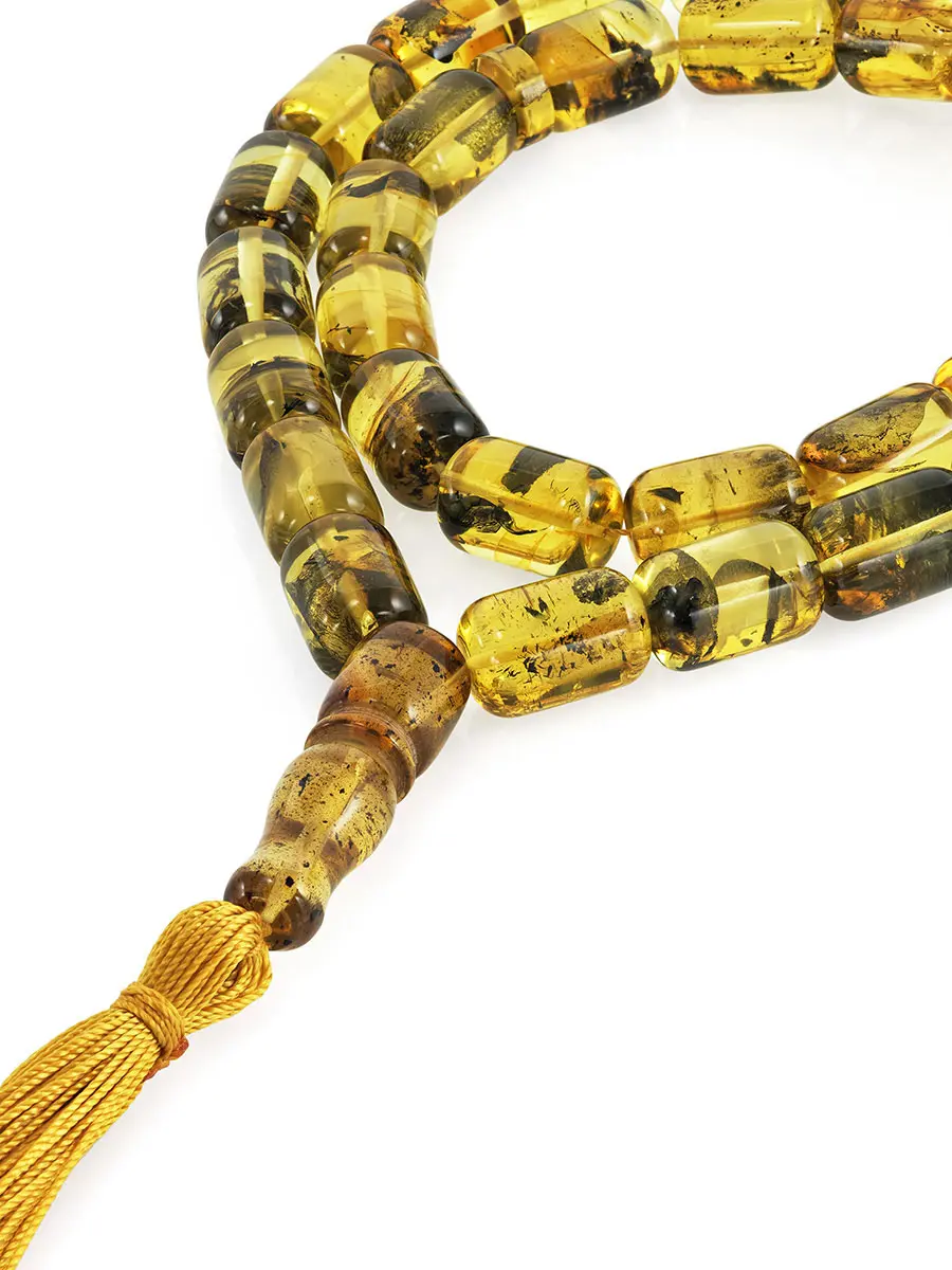 картинка Чётки из натурального текстурного янтаря на 33 бусины в форме бочонков в онлайн магазине
