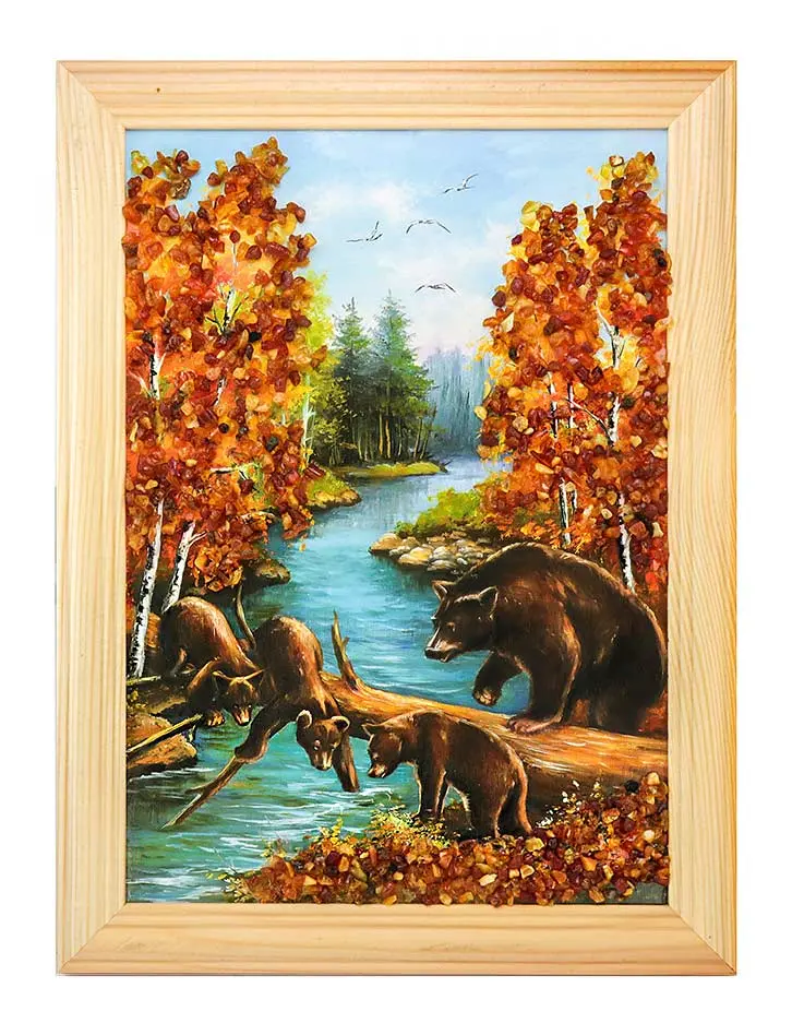 картинка Яркая картинка с натуральным балтийским янтарём «Медведи» 24 (В) х 17 (Ш) в онлайн магазине