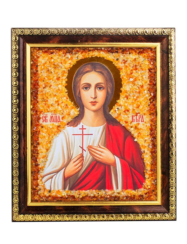 картинка Именная икона, украшенная натуральным янтарём «Святая великомученица Вера» в онлайн магазине