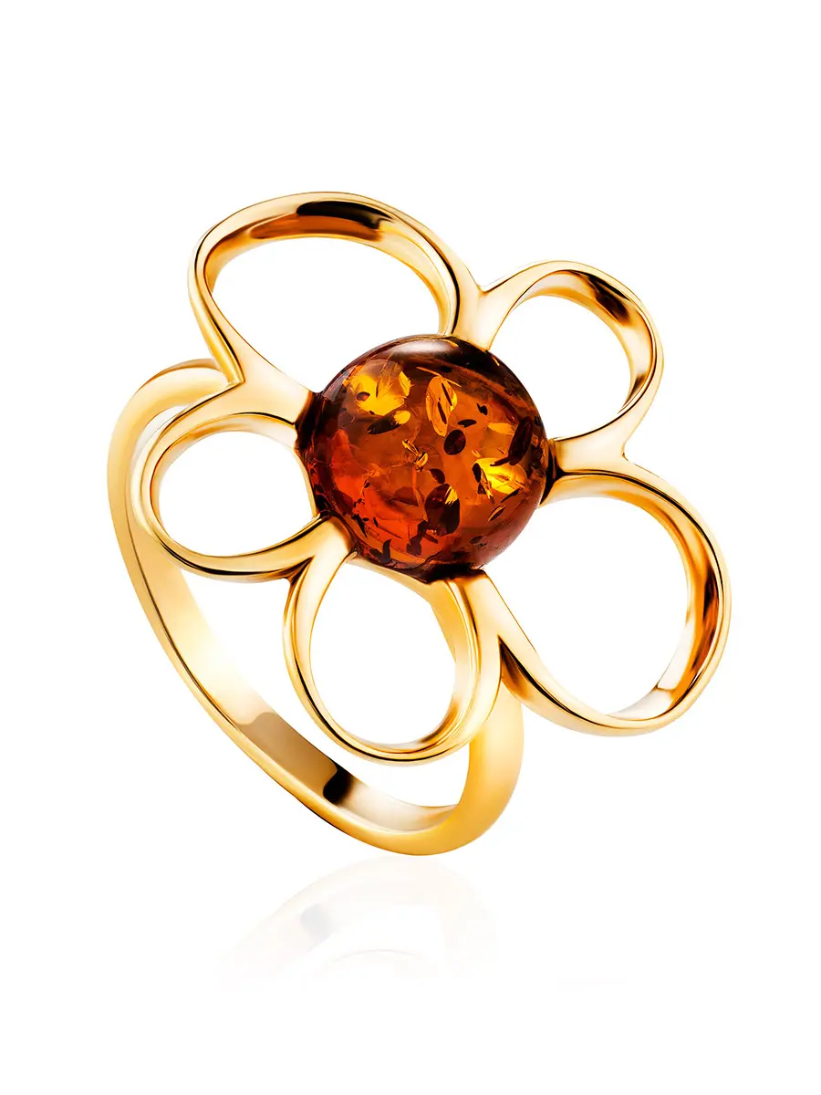 картинка Нарядное кольцо с коньячным янтарём «Ромашка» в онлайн магазине