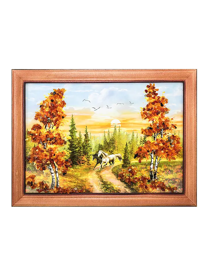 картинка Картина среднего размера, украшенная натуральным янтарём «Лошади» в онлайн магазине