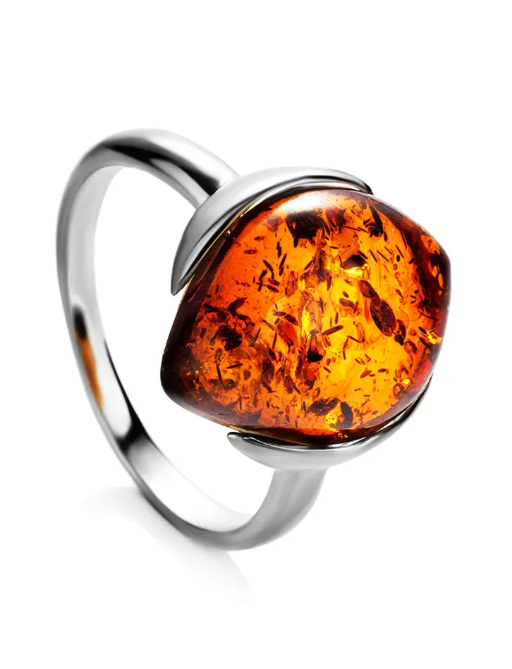 картинка Серебряное кольцо с прозрачным янтарем чайного цвета «Кошачий глаз» в онлайн магазине
