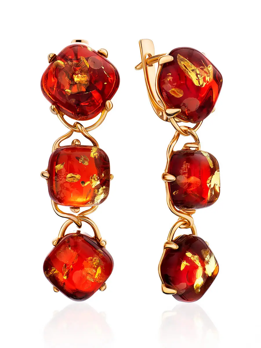 картинка Эффектные яркие серьги «Византия» из позолоченного серебра и красного янтаря в онлайн магазине
