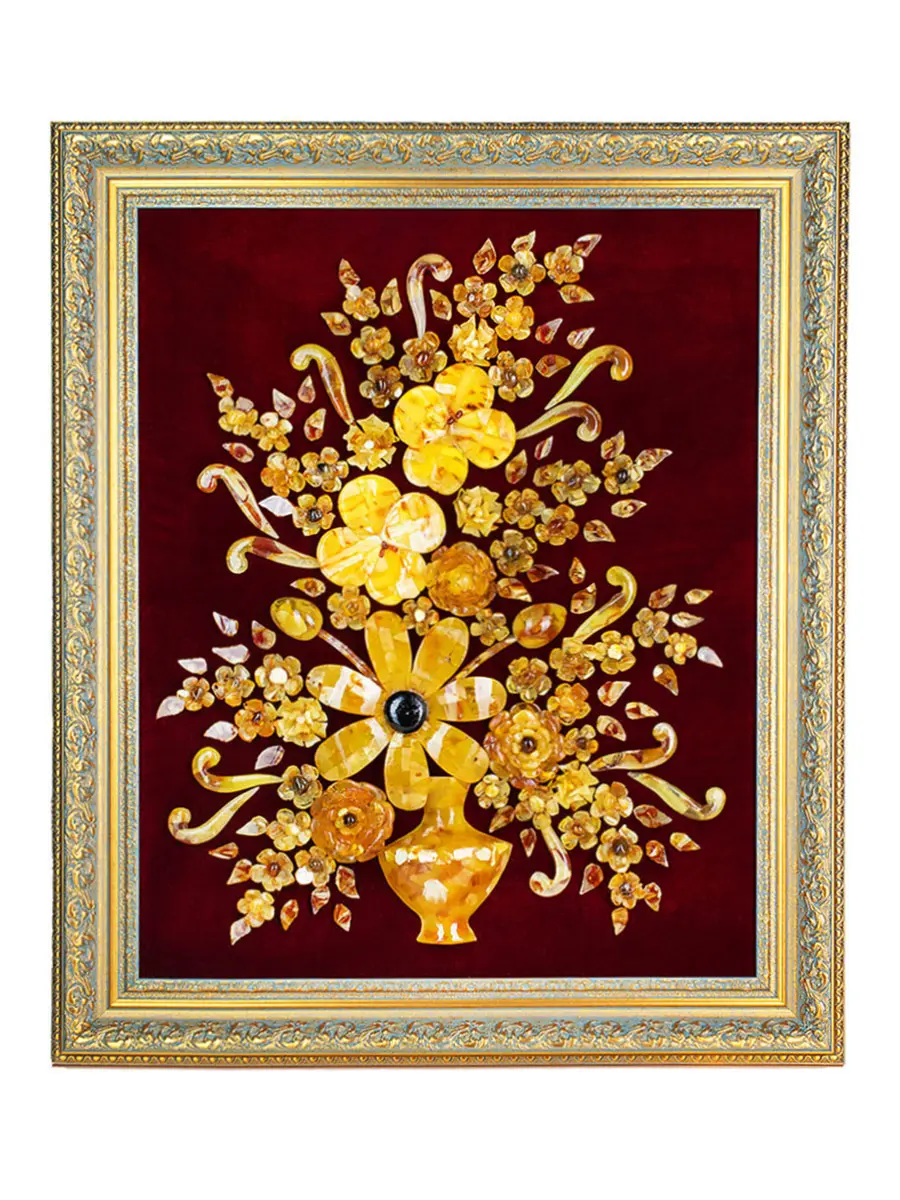 картинка Картина из натурального янтаря на вишнёвом бархате «Букет с ромашкой и орхидеями» в онлайн магазине