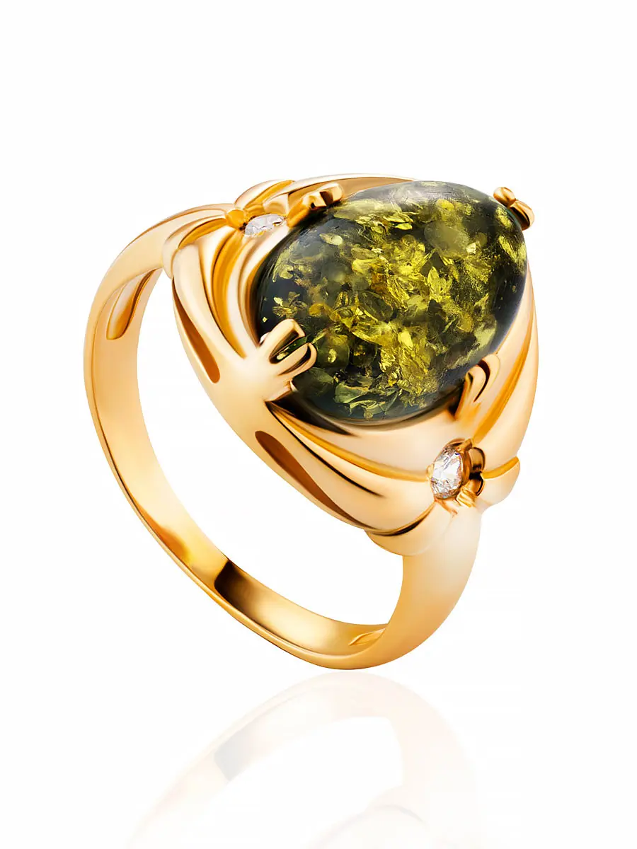 картинка Элегантное позолоченное кольцо с натуральным зелёным янтарём «Альбертина» в онлайн магазине