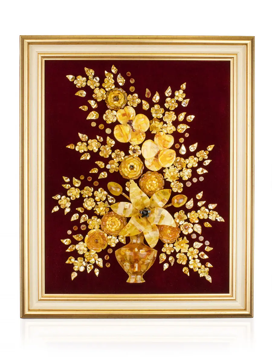 картинка Панно из натурального янтаря на вишнёвом бархате «Букет» в онлайн магазине