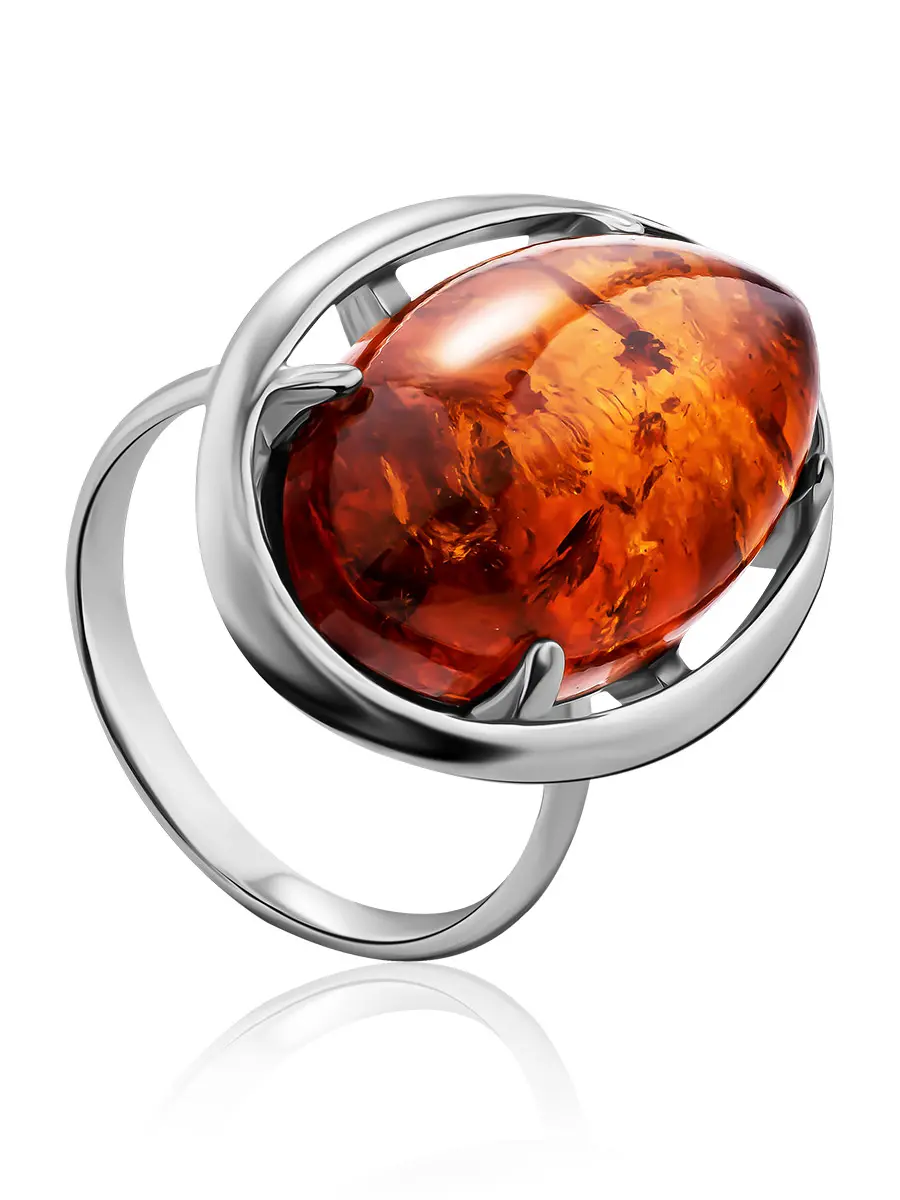 картинка Крупное элегантное кольцо из серебра с янтарём коньячного цвета «Элегия» в онлайн магазине