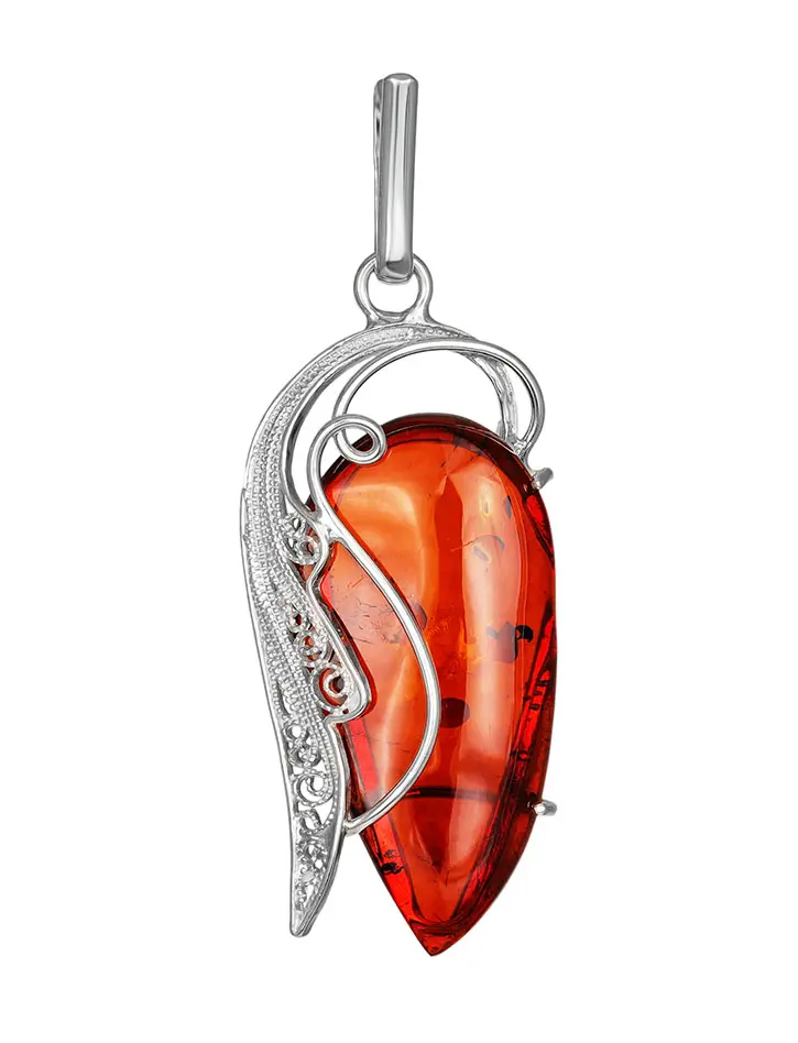 картинка Крупная подвеска из искрящегося натурального янтаря в филигранном серебре «Крылышко» в онлайн магазине
