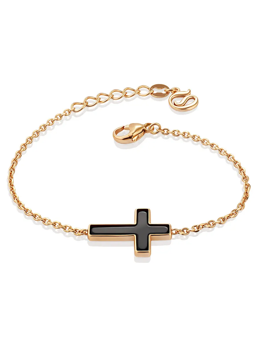 картинка Стильный браслет с крестом из натурального позолоченного янтаря London в онлайн магазине