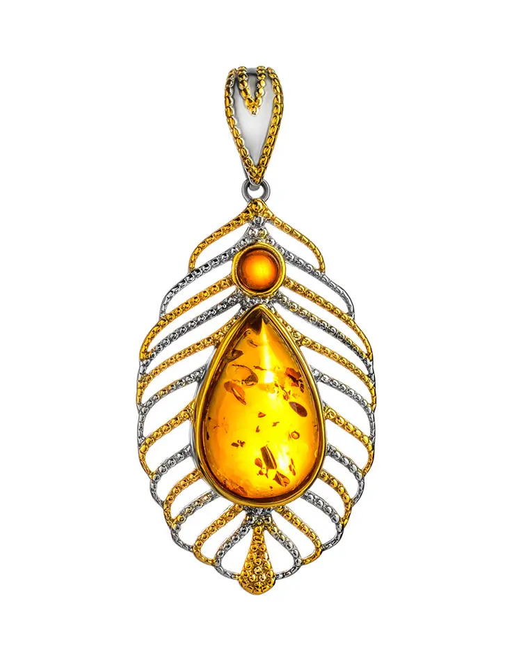 картинка Яркий кулон, украшенный янтарём коньячного цвета «Павлин» в онлайн магазине
