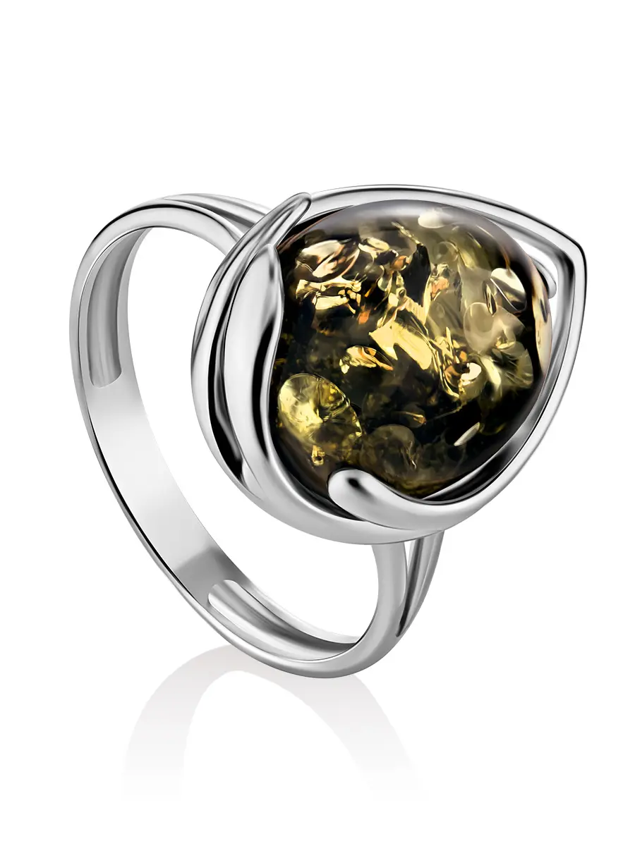 картинка Серебряное кольцо с натуральным янтарём зелёного цвета «Селена» в онлайн магазине