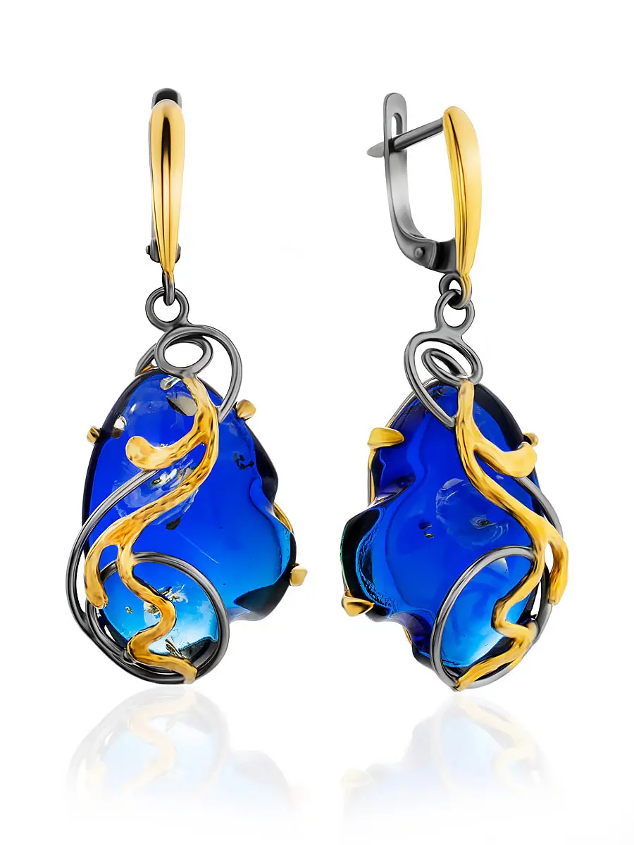 картинка Яркие серьги «Версаль» из синего янтаря в оправе с позолотой в онлайн магазине