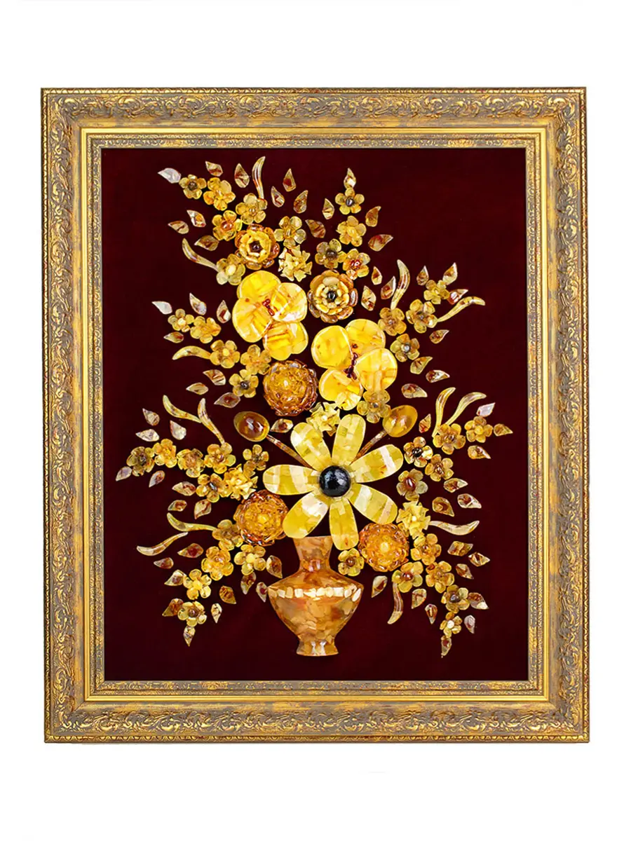 картинка Эффектная картина из натурального янтаря на вишнёвом бархате «Букет с ромашкой и орхидеями» в онлайн магазине