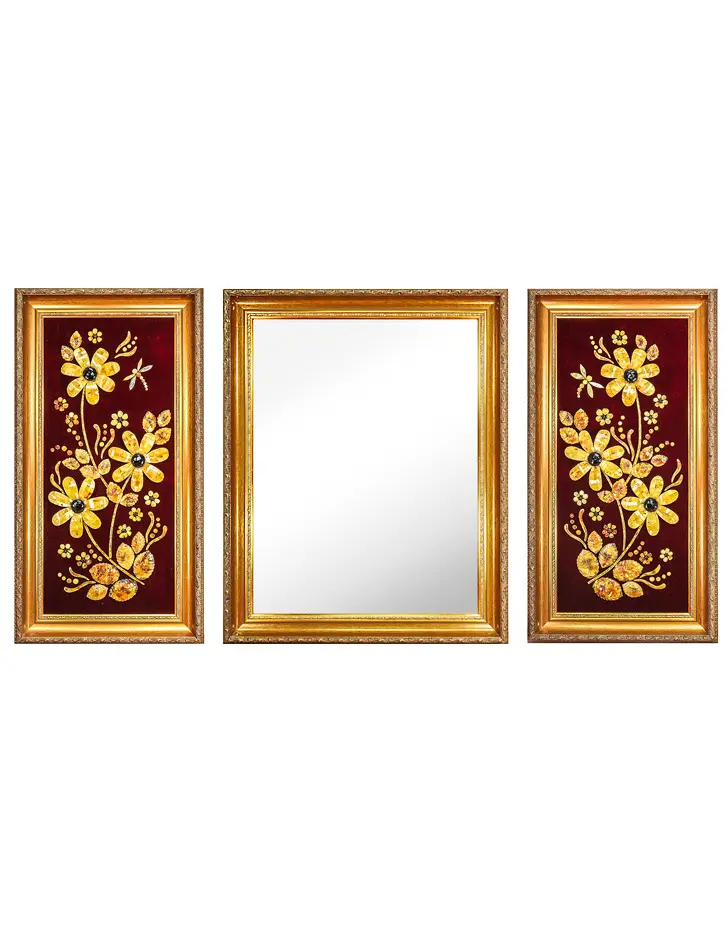 картинка Роскошный триптих «Ромашки» из двух янтарных картин и зеркала в онлайн магазине