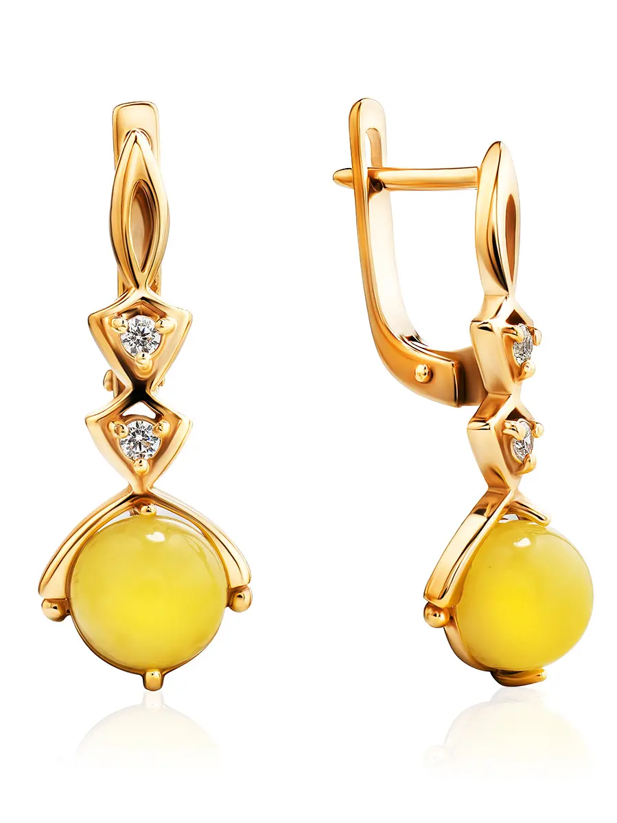 картинка Нежные золочённые серьги, украшенные медовым янтарём и кристаллами «Самбия» в онлайн магазине