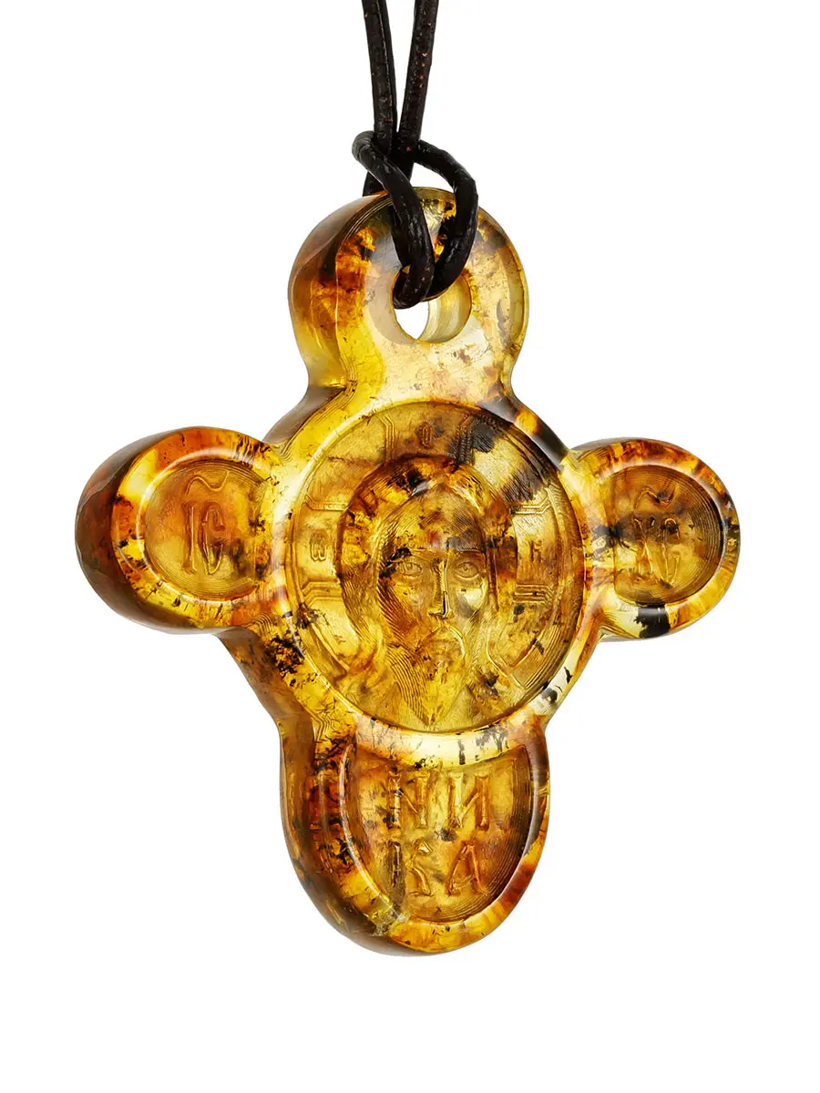 картинка Уникальный крест с резьбой из живописного формованного янтаря в онлайн магазине