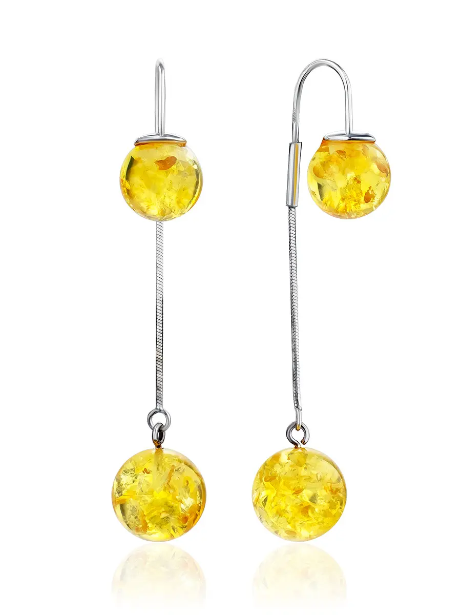 картинка Необычные серьги-продёвки «Пигаль» из серебра и янтаря лимонного цвета  в онлайн магазине