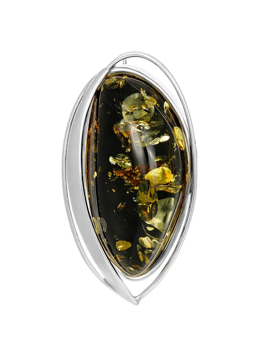 картинка Изящная брошь из серебра и натурального янтаря тёмно-зелёного цвета в онлайн магазине