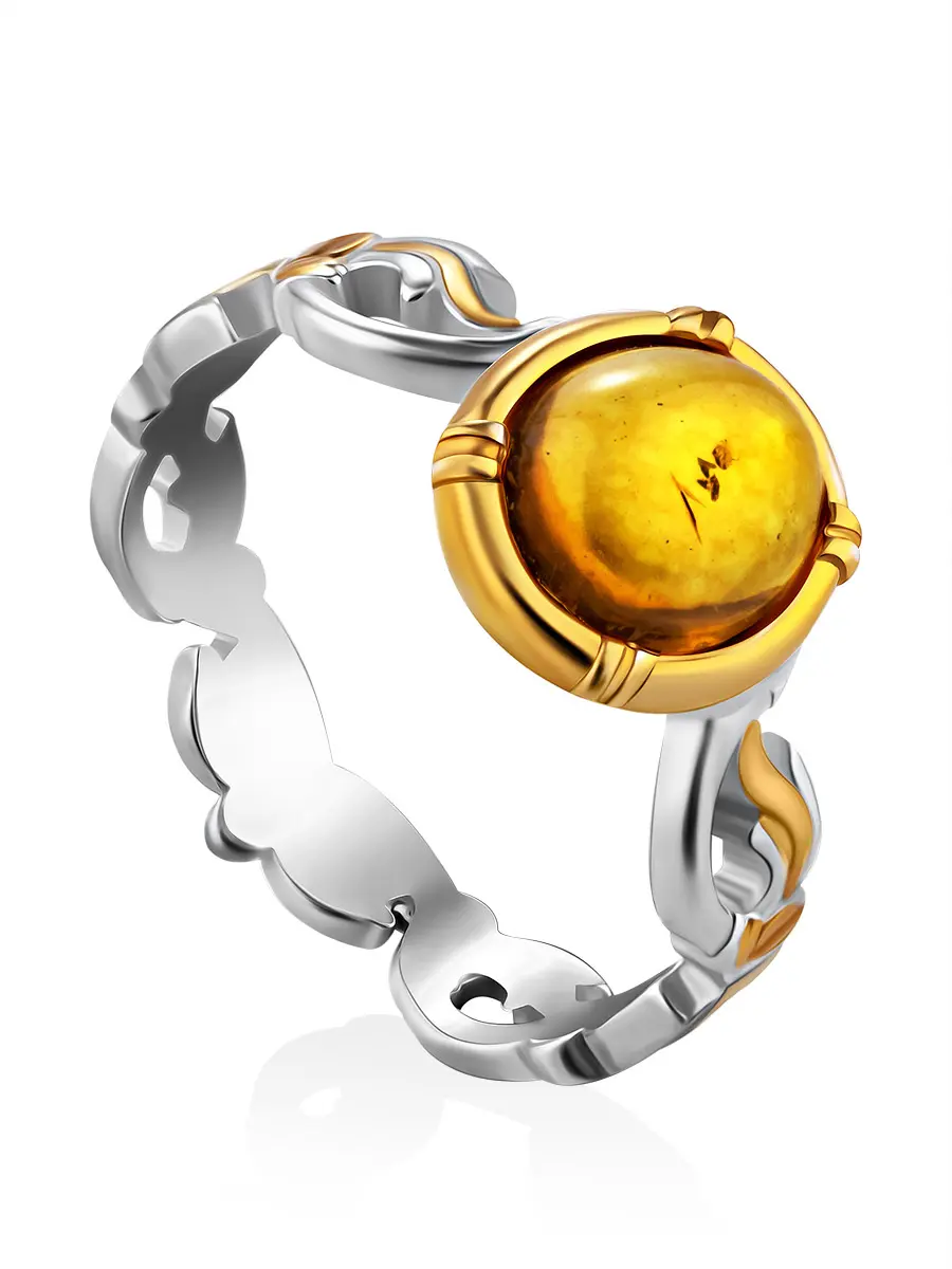 картинка Изящное нежное кольцо из серебра с позолотой и золотистого янтаря «Валетта» в онлайн магазине