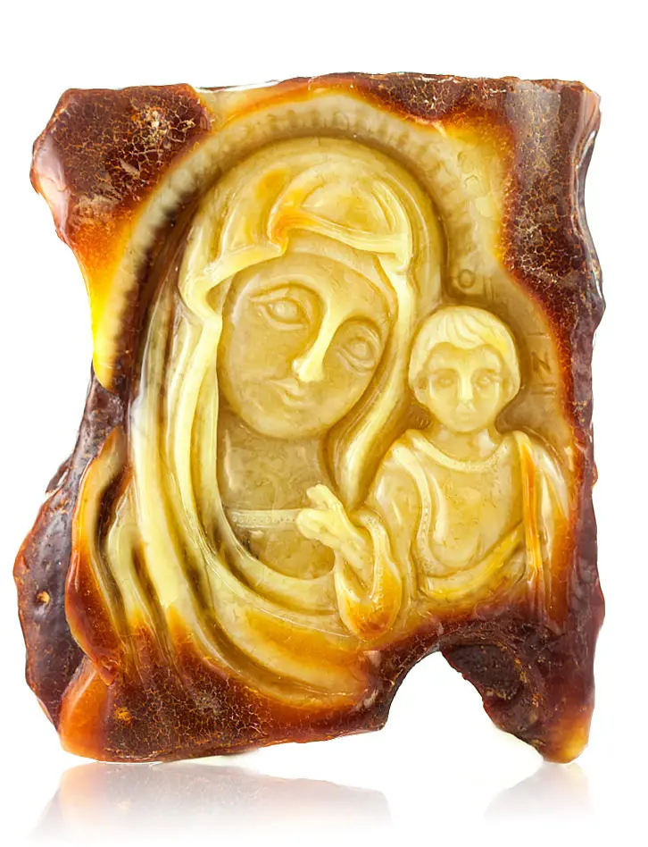 картинка Уникальная резная икона из цельного куска натурального балтийского янтаря «Мадонна с младенцем» в онлайн магазине