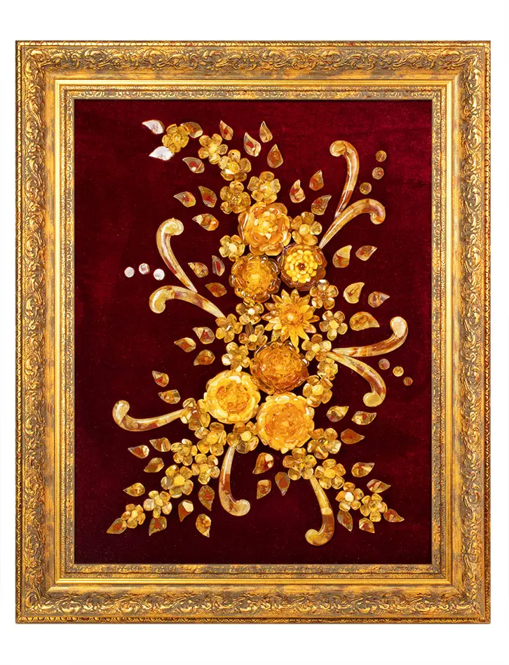 картинка Красивая картина из натурального янтаря на красном бархате «Летний букет» в онлайн магазине