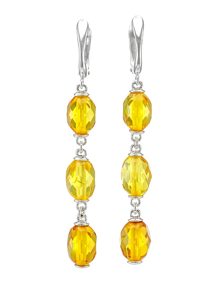 картинка Эффектные длинные серьги из янтарных бусин и серебра «Карамель алмазная» в онлайн магазине