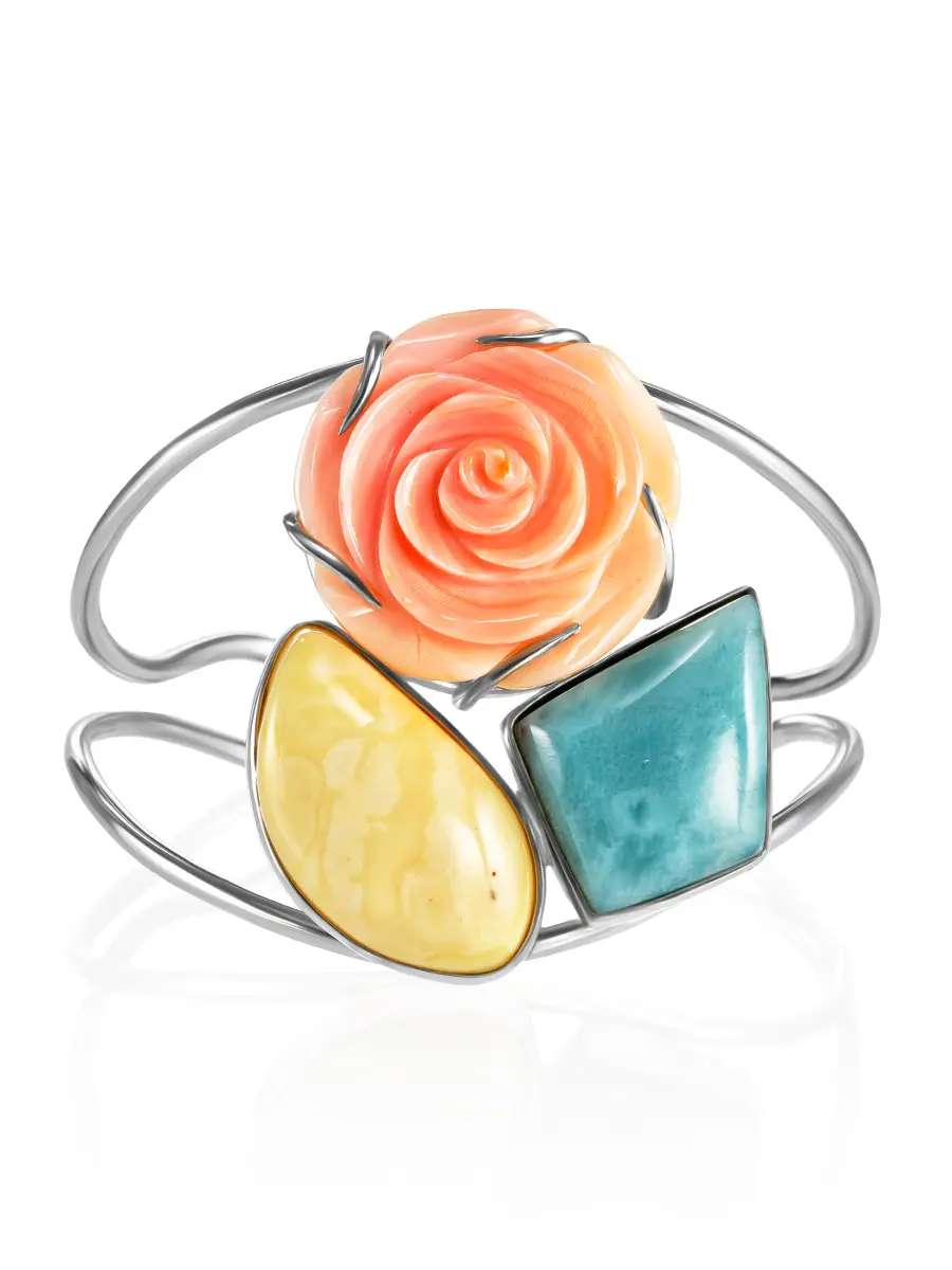 картинка Красивый эффектный браслет «Розамунда» с янтарём, бирюзой и стромбусом в онлайн магазине