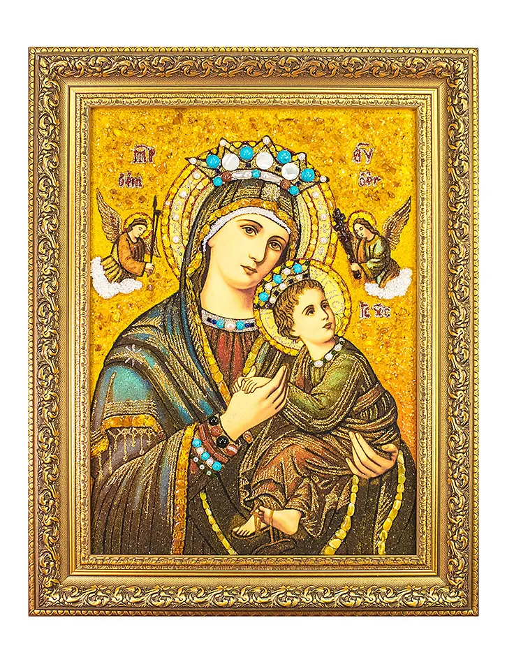 картинка Страстная икона Божией Матери из янтаря с жемчугом и поделочными камнями в онлайн магазине