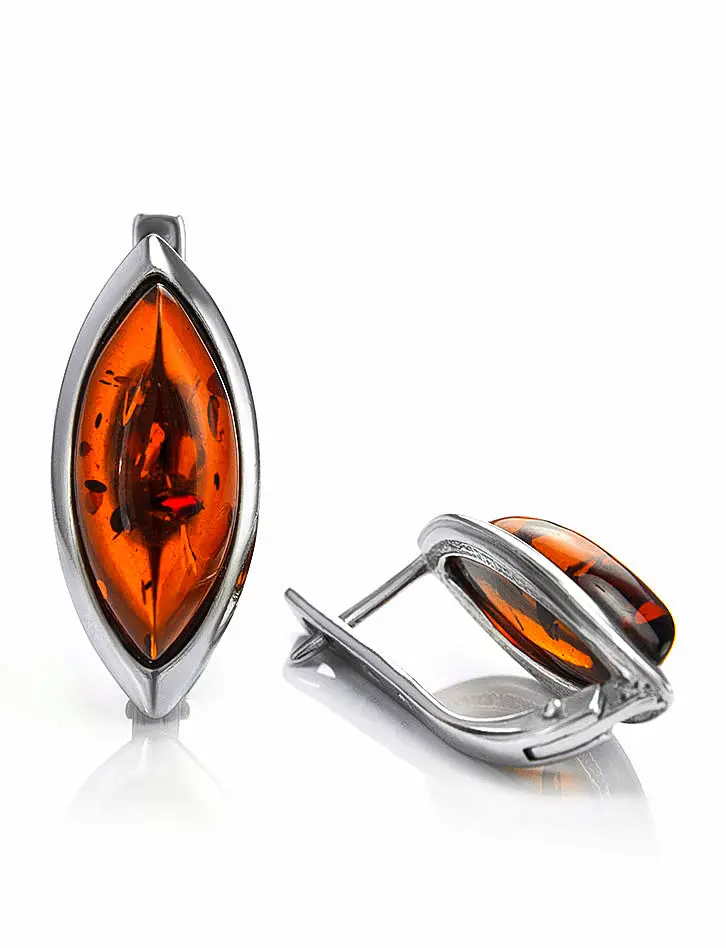 картинка Элегантные серьги из серебра и янтаря коньячного цвета «Амарант крупный» в онлайн магазине