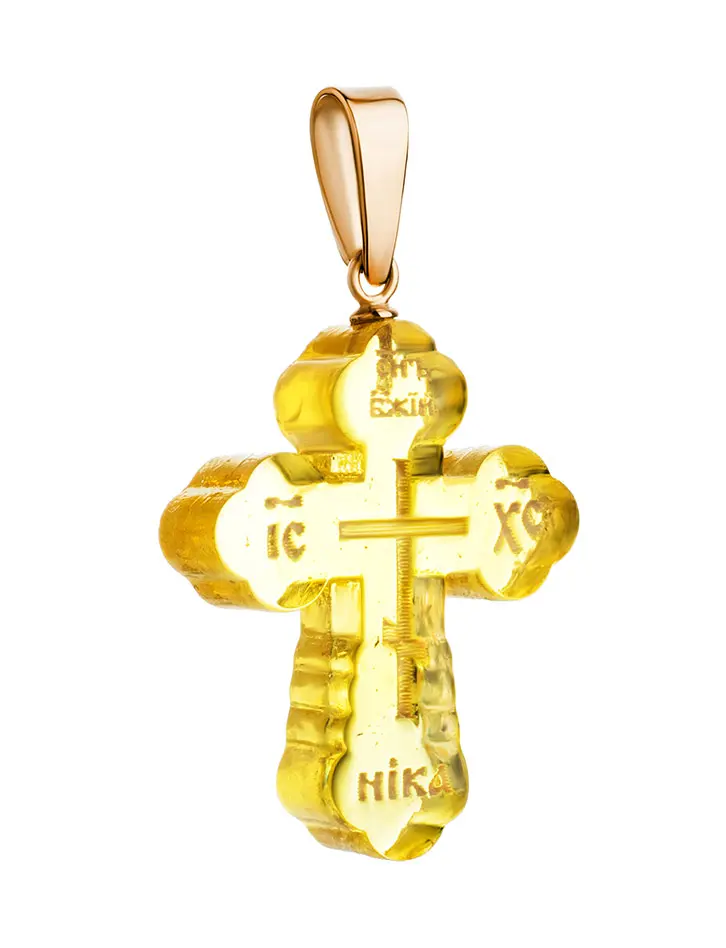 картинка Крест из натурального цельного янтаря лимонного цвета с золотом в онлайн магазине
